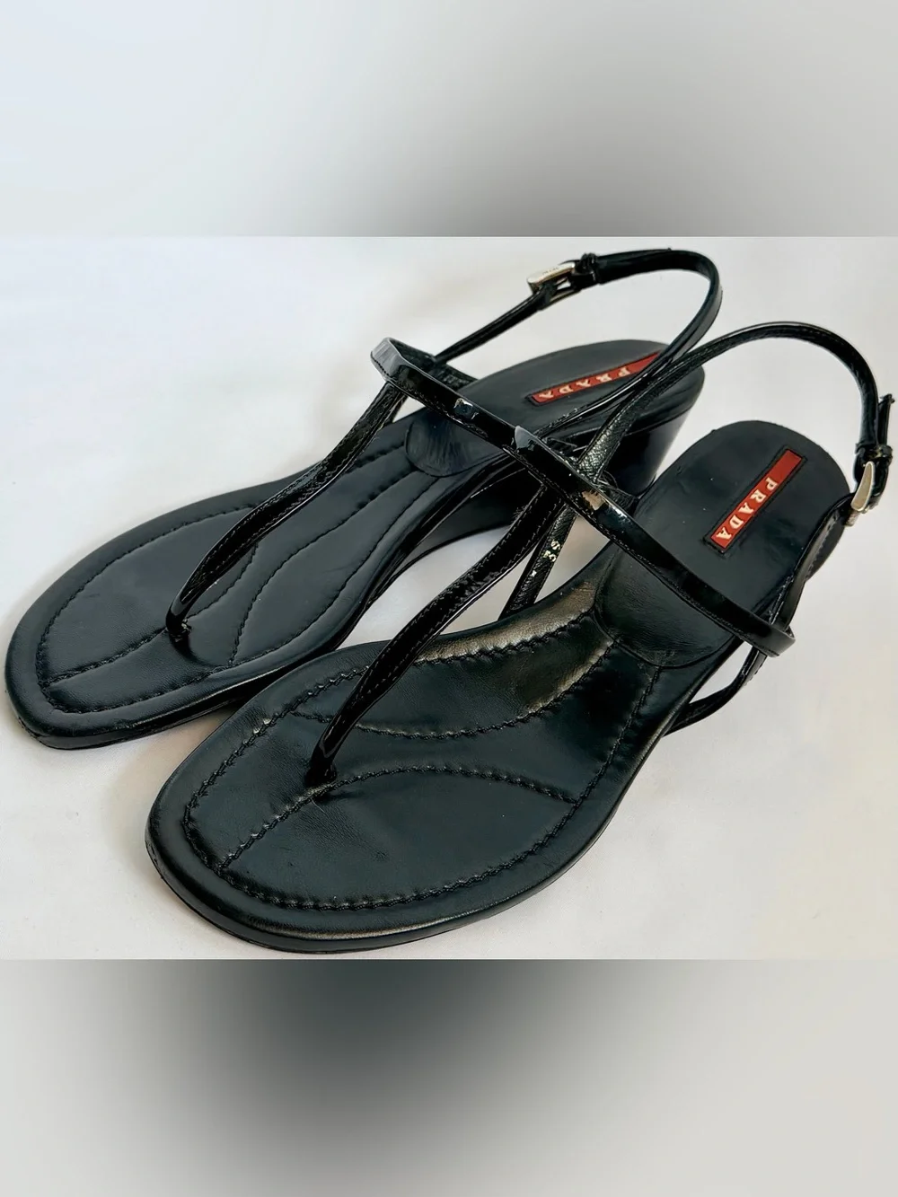 Prada Linea Rossa Vintage Y2K Black Patent Leather T-Strap Wedge Sandals 39 US 8